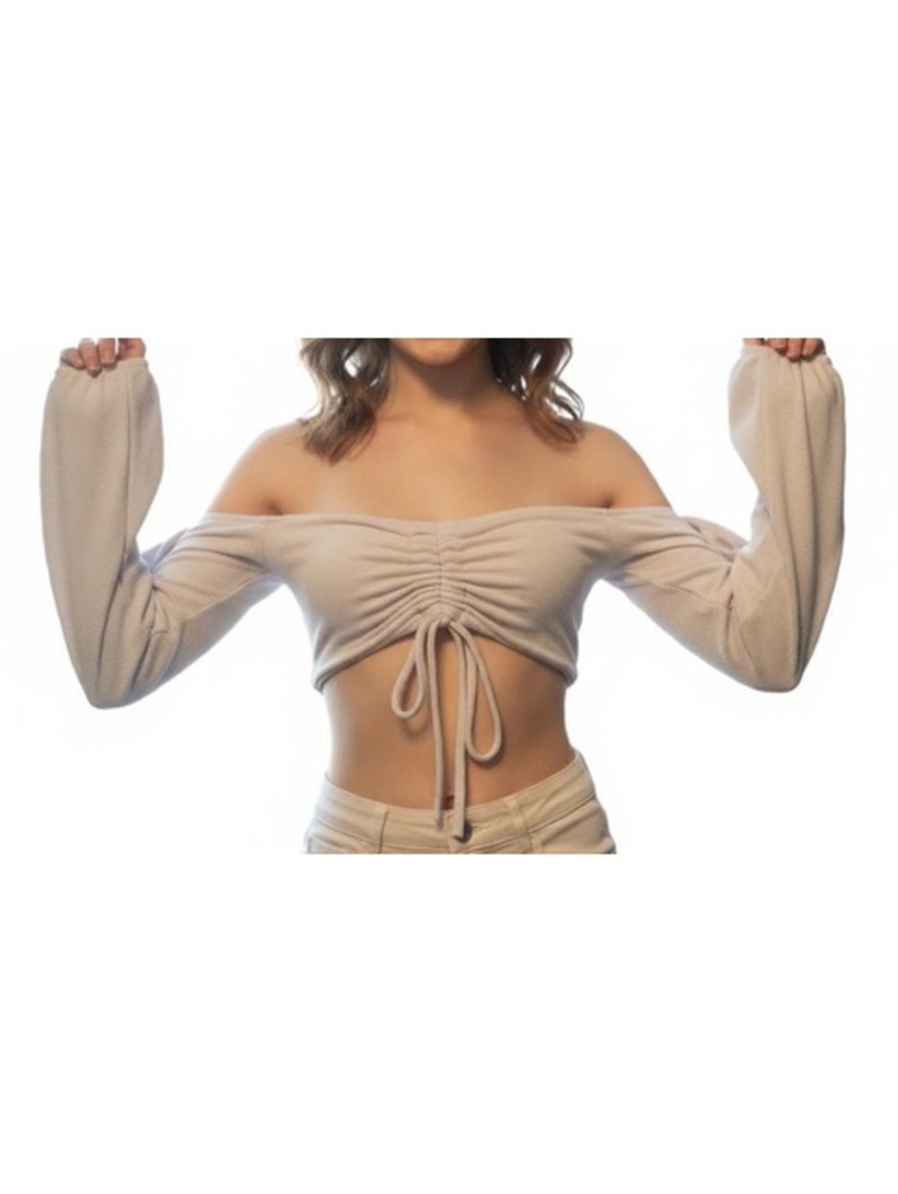 PrettyLittleThing White Off-Shoulder Ruched Long Sleeve Crop